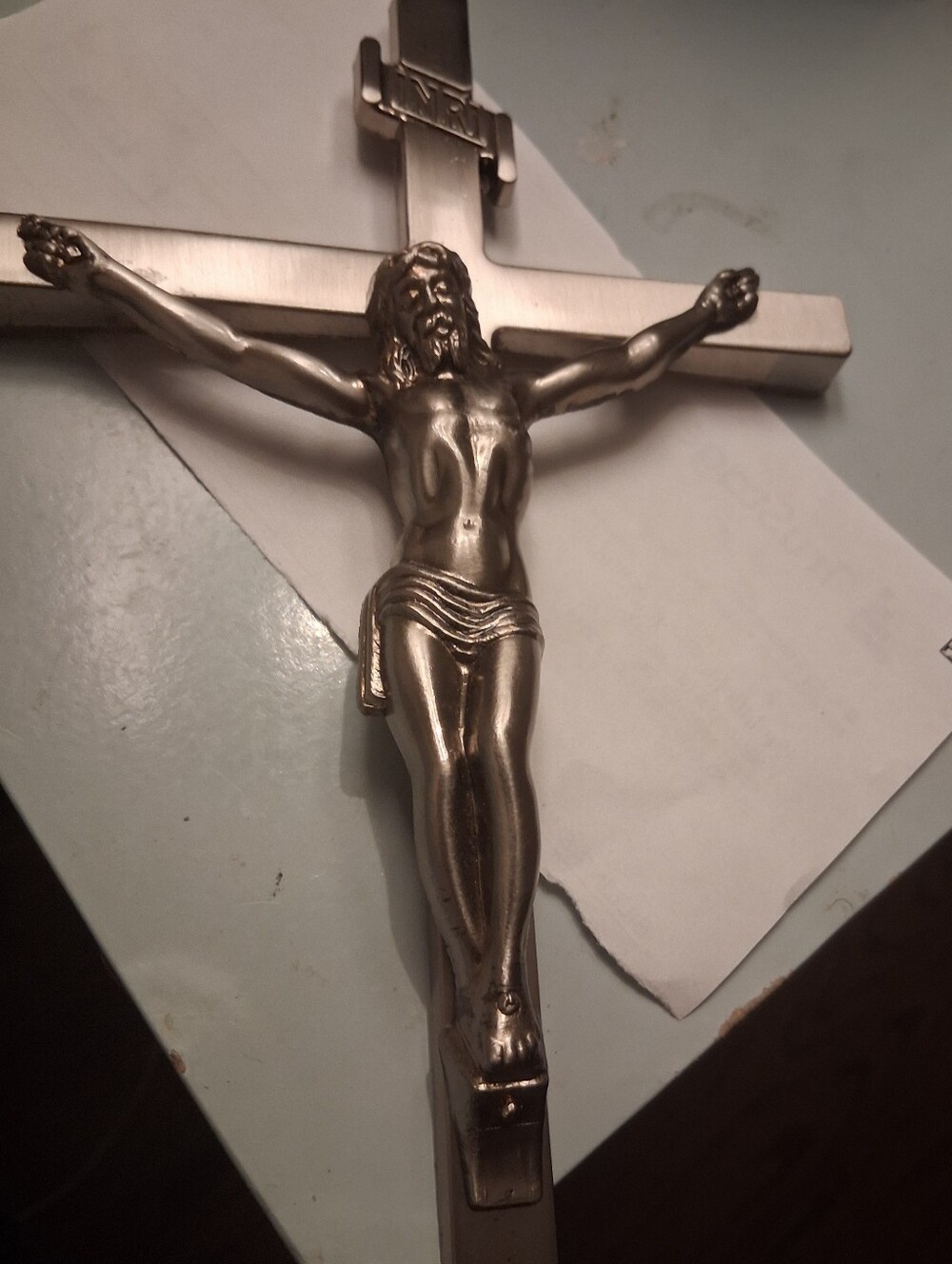 INRI Metal Crucifix Wall Cross in Antique Silver-Plated